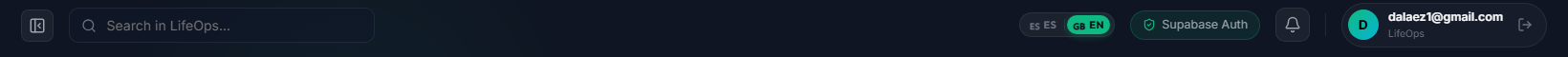 Header controls bar with bilingual language switcher (ES / EN) and Supabase Auth status