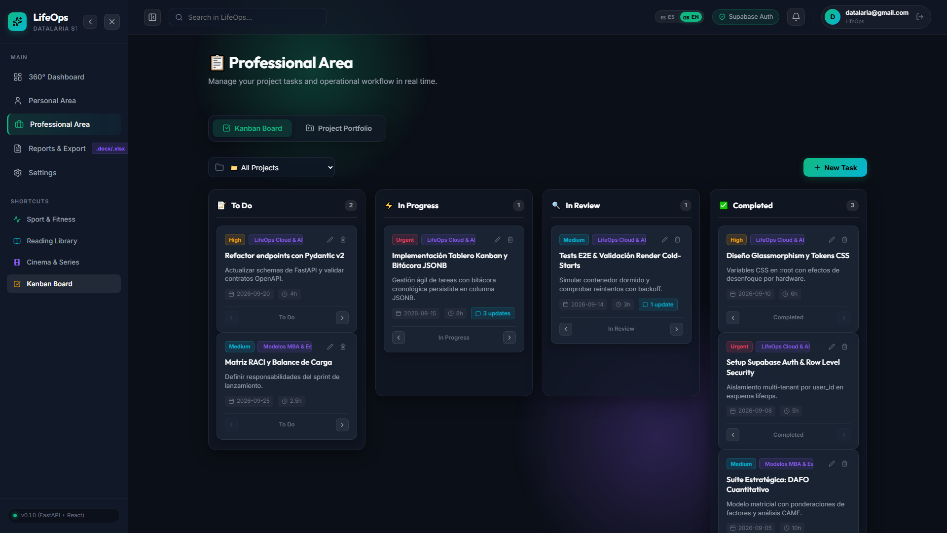 Professional 4-column Kanban board with project tags, urgent priority chips, and progress badges