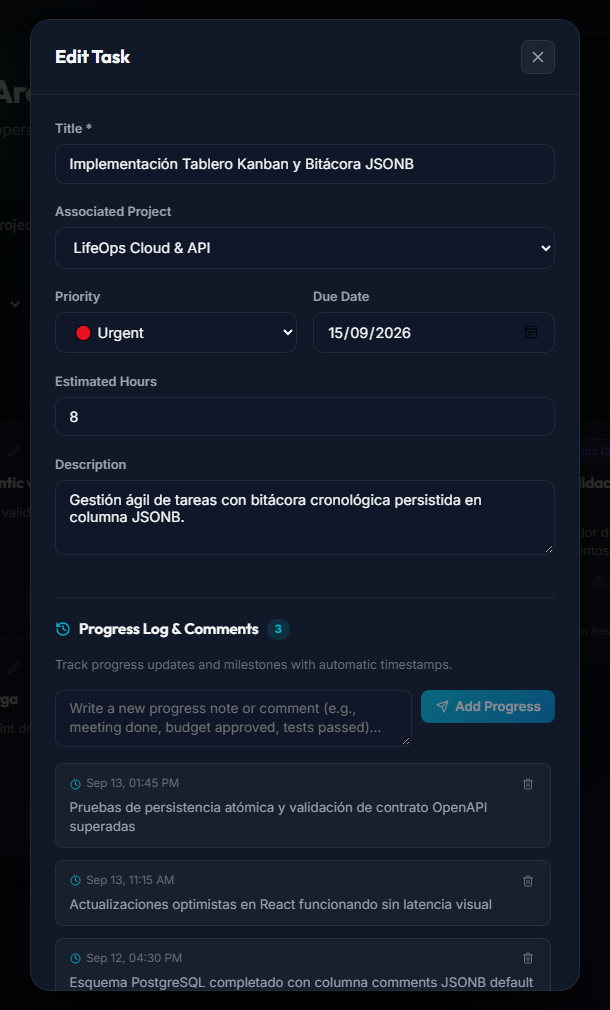 Task edit modal with chronological progress timeline powered by PostgreSQL JSONB