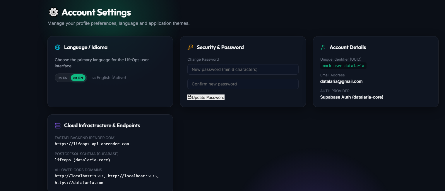 Account settings and cloud infrastructure panel connected to Render and Supabase