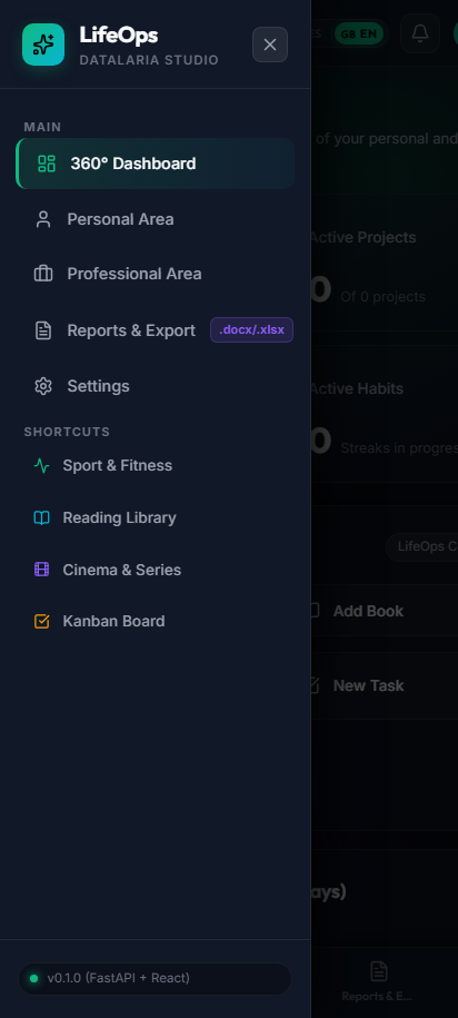 Off-canvas mobile sliding drawer over frosted glass backdrop with quick links and system status