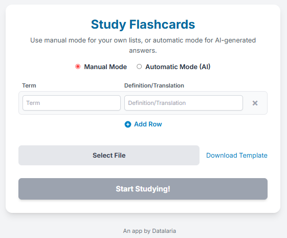 Interface of the Flashcards de Estudio application