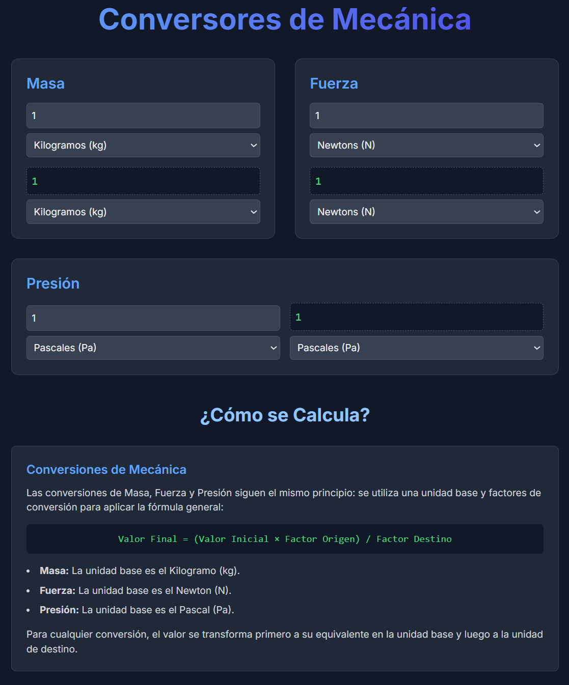 Conceptual image of the Mechanics Converter Page