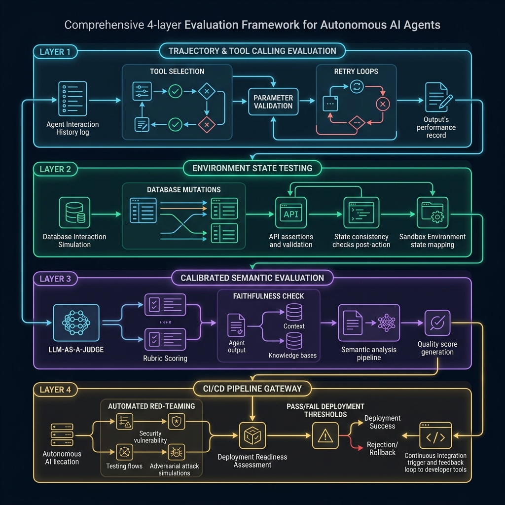 Comprehensive 4-layer evaluation framework for autonomous AI agents in production