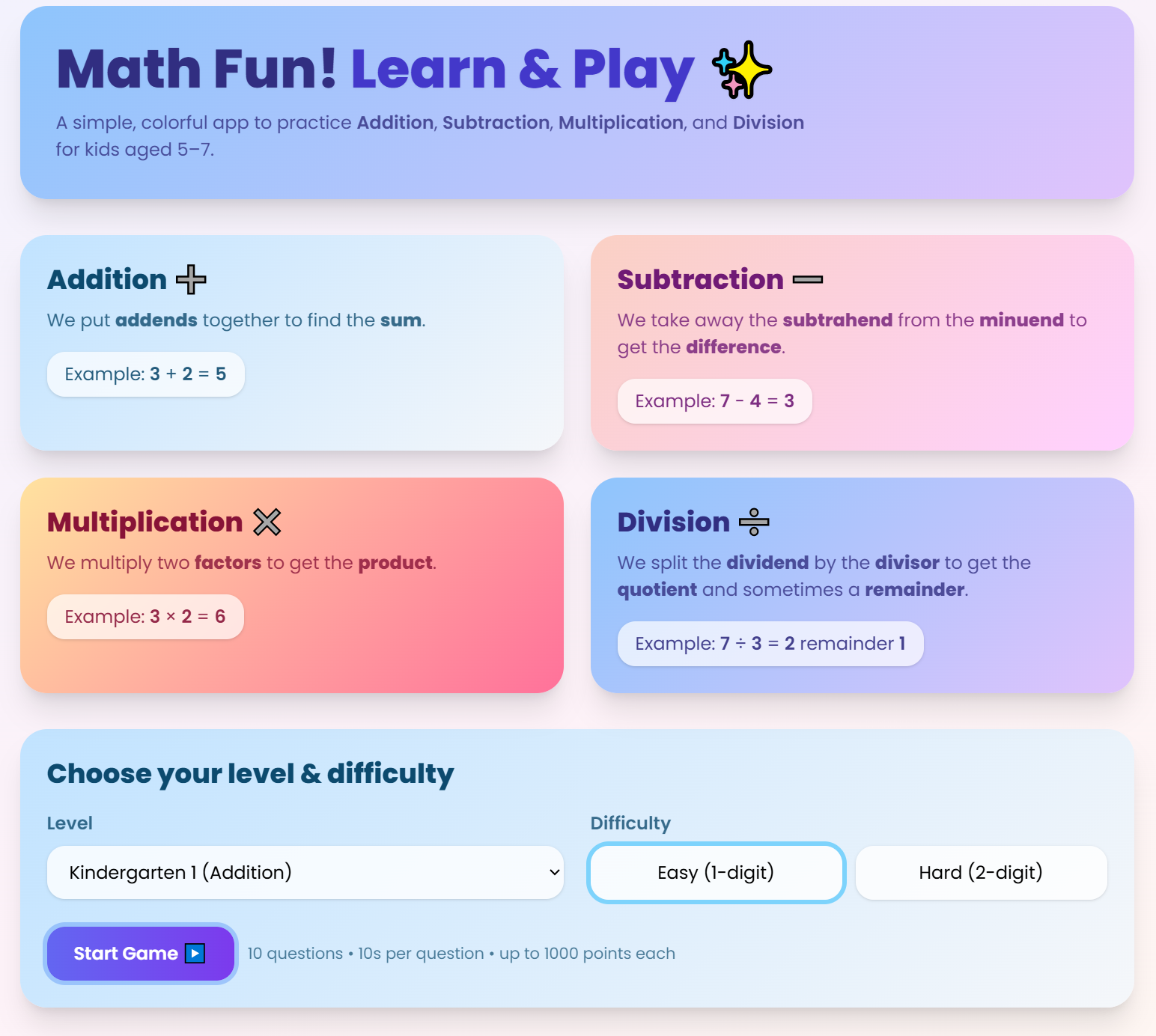 App screenshot showing math game