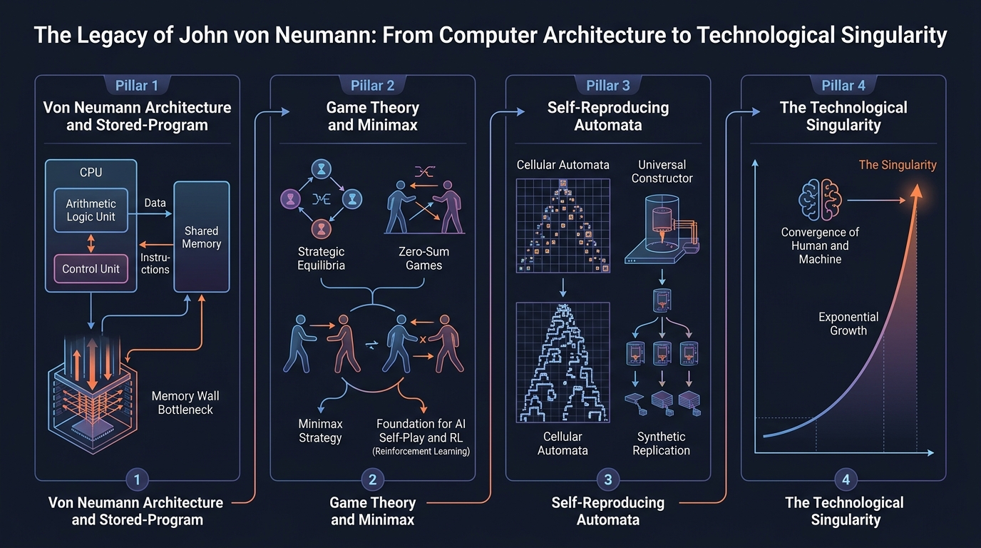 Conceptual evolution: from von Neumann&rsquo;s computer architecture and game theory to self-replicating automata and the AGI singularity