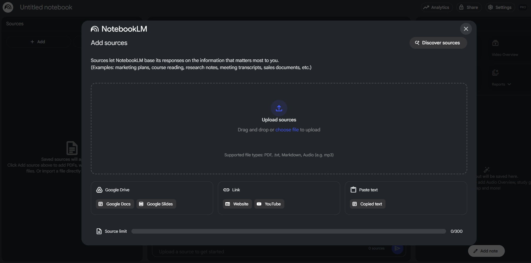 Page for adding sources to NotebookLM