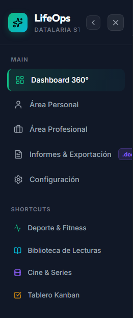 Menú lateral de navegación con accesos principales y directos temáticos