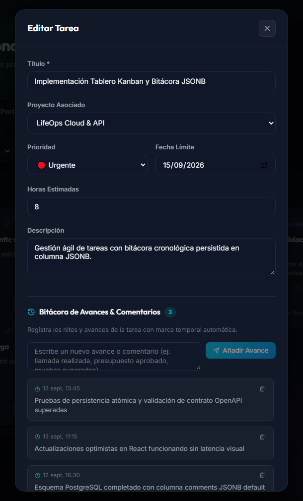 Modal de edición de tarea con la Bitácora de Avances cronológica impulsada por PostgreSQL JSONB
