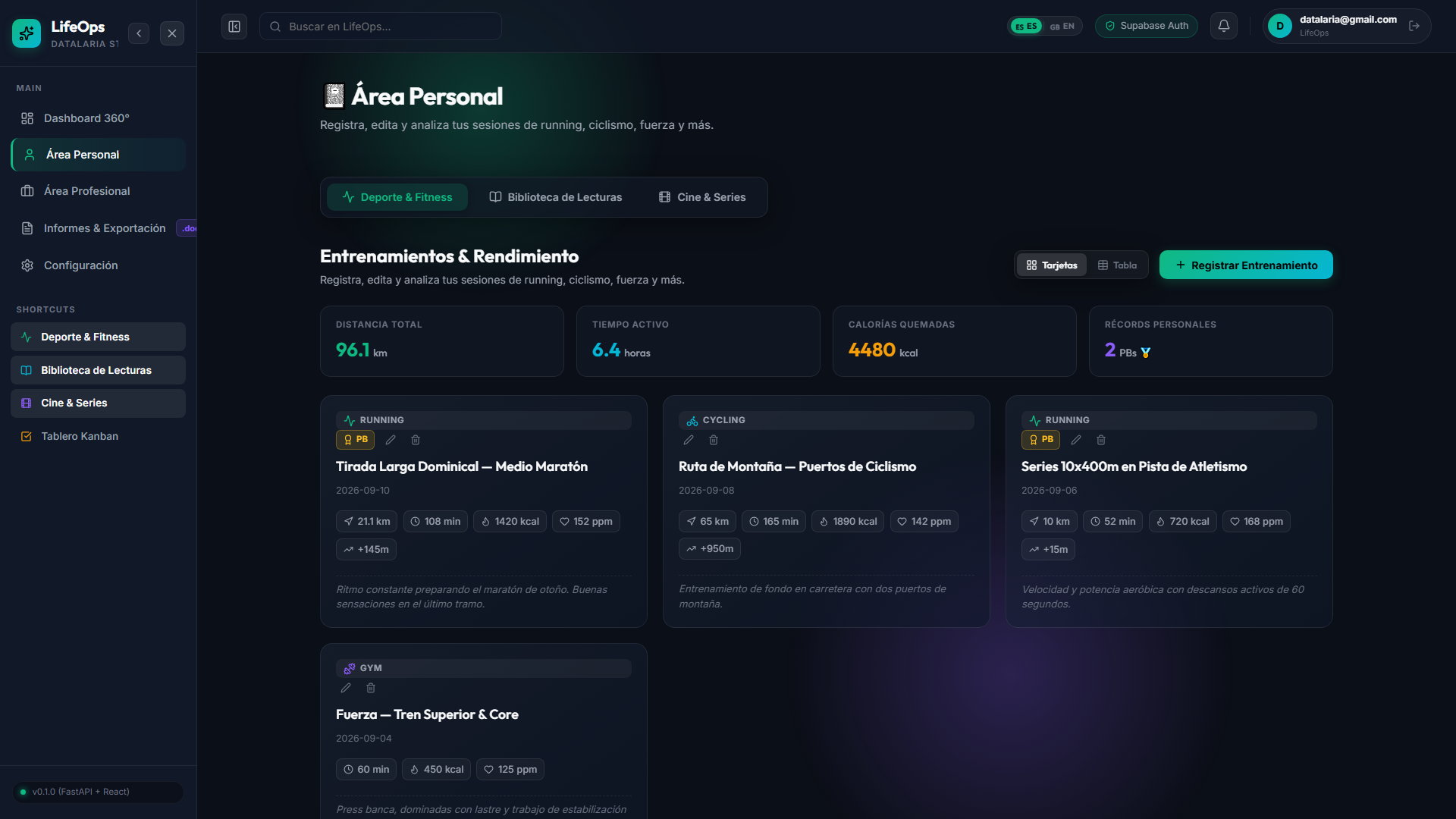 Módulo de Deporte y Rendimiento Físico con widgets de métricas agregadas y tarjetas de entrenamiento