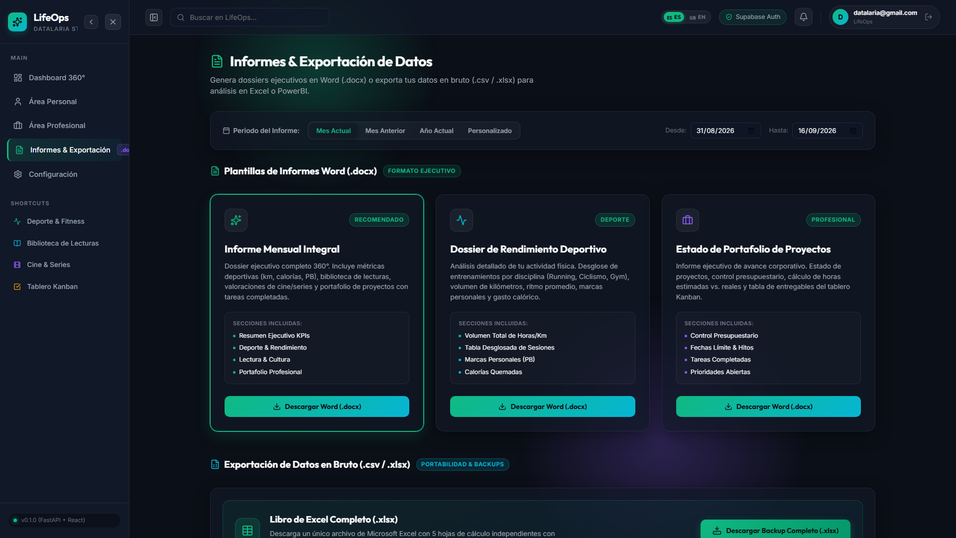 Centro de Informes y Exportación en LifeOps con cuenta activa datalaria@gmail.com