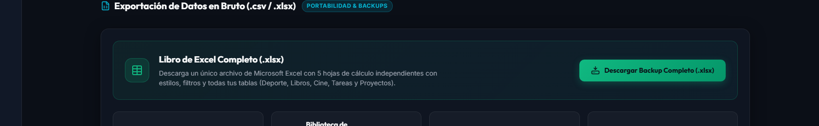 Exportación de Libro Maestro Excel (.xlsx) con 5 pestañas temáticas consolidadas
