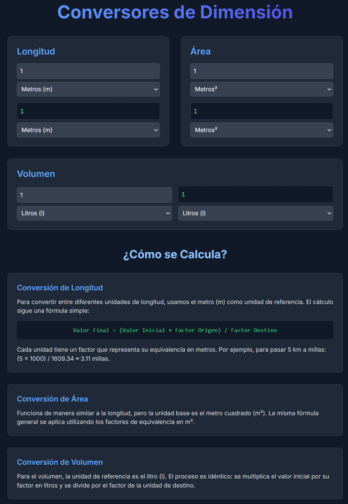Imagen de la página de conversión de unidades de dimensión