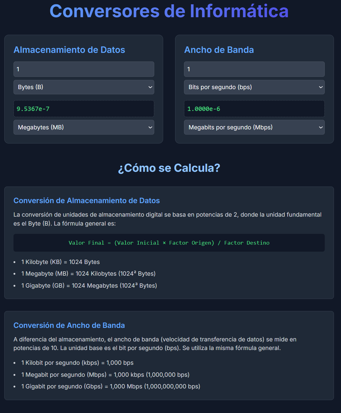 Imagen de la página de conversión de unidades útiles en informática