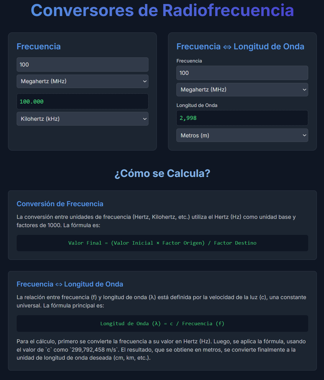 Imagen de la página de conversión de unidades de radiofrecuencia