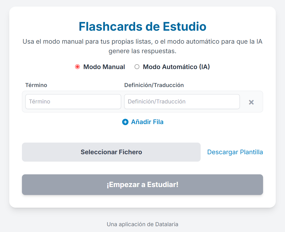 Interfaz de la aplicación Flashcards de Estudio