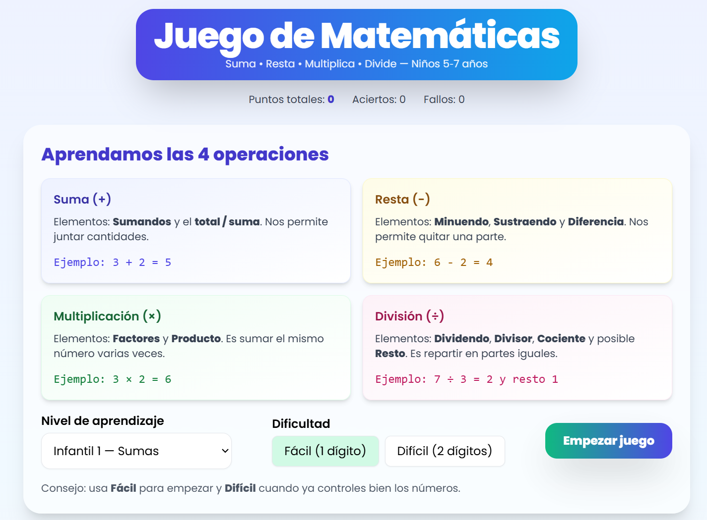 Imagen de la aplicación de matemáticas para niños creada con ChatGPT