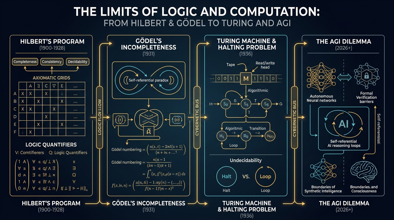 Infografía analítica: La trayectoria conceptual desde el programa de Hilbert y la incompletitud de Gödel hasta la Máquina de Turing y los límites de la AGI