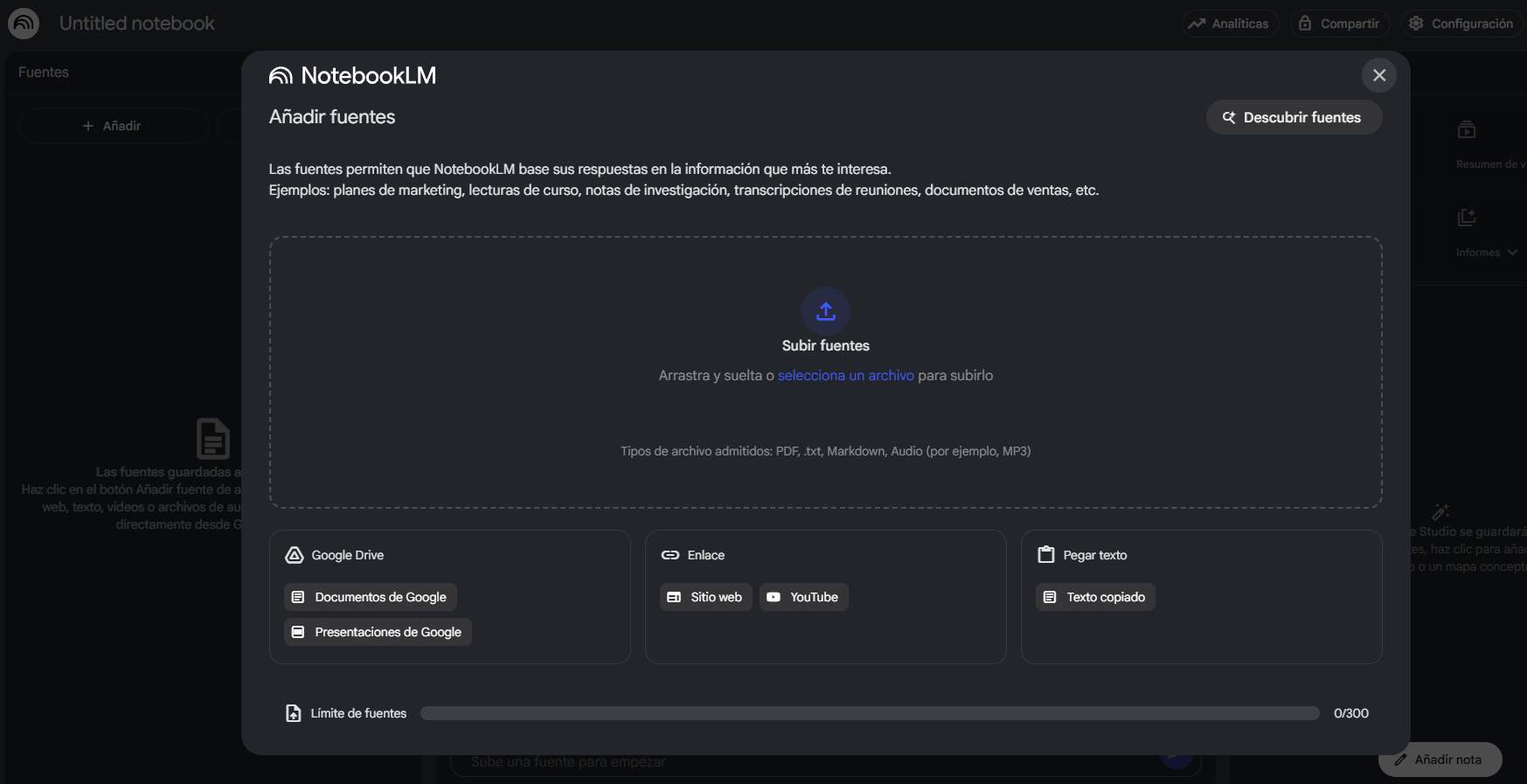 Pagina de inserción de fuentes a NotebookLM